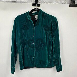 Chicos Womens Shirt XS Green Silk Blend Button Front Embroidered Classic Preppy